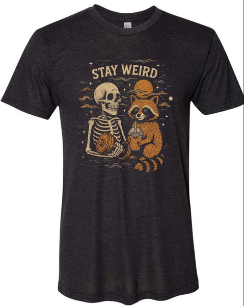 Stay Weird skeleton lifting and raccoon Triblend tee